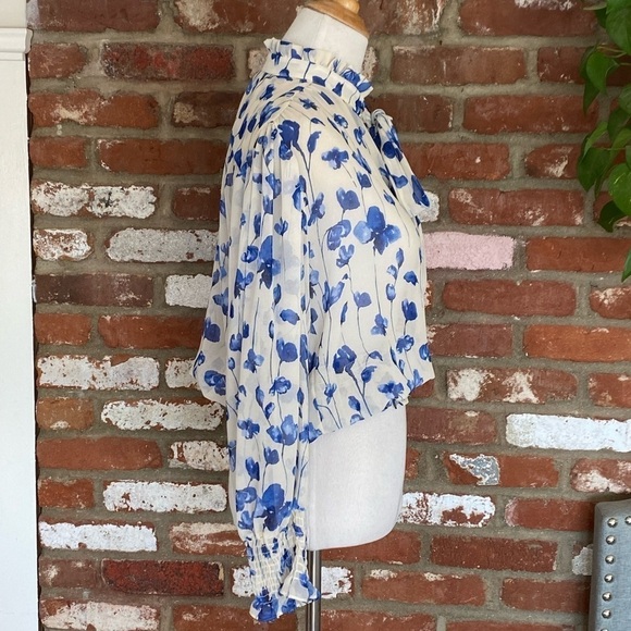 Blue Floral Blouse MISA Los Angeles Vyvienne Floral Tie-Neck Blouson Top small - Picture 9 of 14
